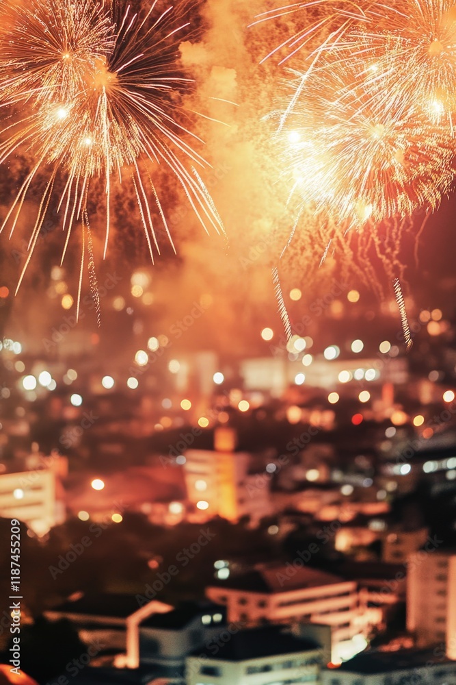 Poster nighttime city scene with colorful fireworks exploding above