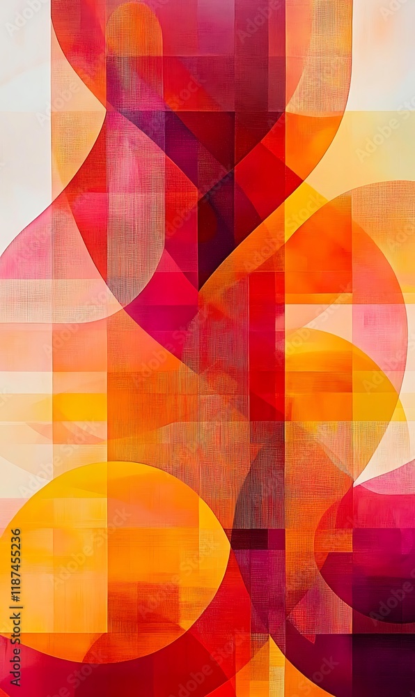 Poster a mix of red and orange geometric shapes with cool diagonal lines and circular patterns overlapping.
