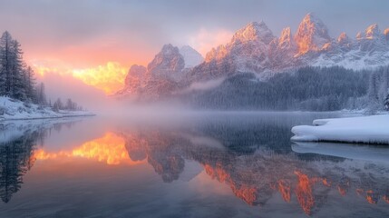 sunset sunrise lake dawn snow mountains fog mirror like effect landscape nature