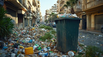Fototapeta premium Overflowing garbage in a city street.