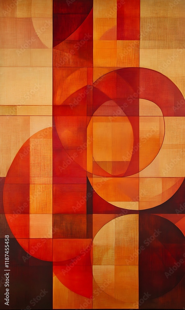Poster abstract shapes in warm reds and oranges with cool diagonal lines and circles crossing through them.