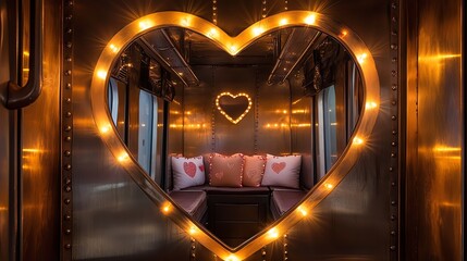 Warm glowing lights frame a heart-shaped window in a cozy train compartment, reflecting soft pillows.