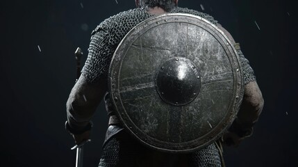 Naklejka premium Medieval warrior holds a shield while wearing armor