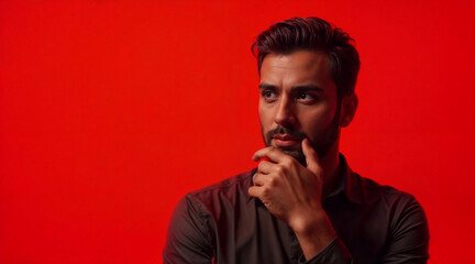 Contemplating Life’s Choices: A Confused Man Reflecting Deeply in a Bold Modern Portrait Against a Red Background