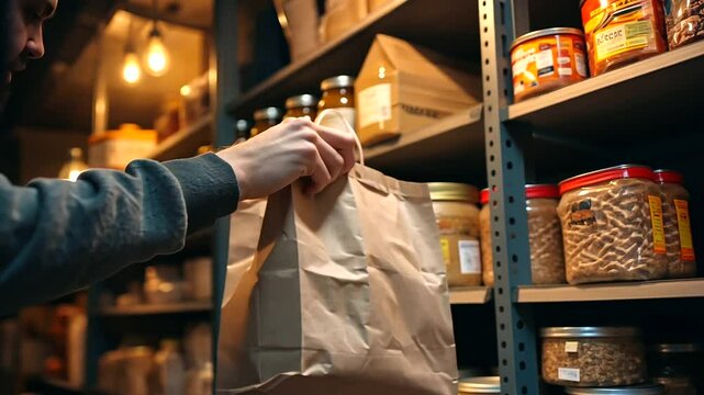 Careful hands pack a paper bag with essentials like flour, canned beans, and spaghetti, as the warm light of the food bank highlights shelves lined with donations.