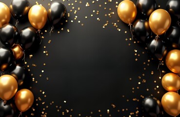 Black, gold balloons, confetti form festive backdrop. Elegant decorations perfect for party invitations cards. Luxurious, celebratory design. Suitable for birthday parties anniversaries. Blank space