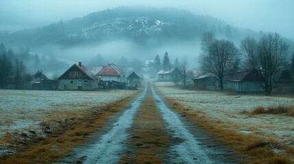 the rural village town in fog in misty morning a cold fresh foggy morning at village area foggy countryside meadow landscape in early morning scary view of wilderness and deserted pasture