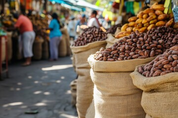 Rows of burlap sacks filled with cacao beans in an outdoor market, showcasing the vibrant trade and production of cocoa, emphasizing agriculture, commerce, and sustainability. Generative AI.