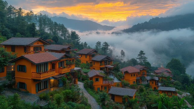 the sea of mist in the winter morning covers the village below in li district lamphun province thailand