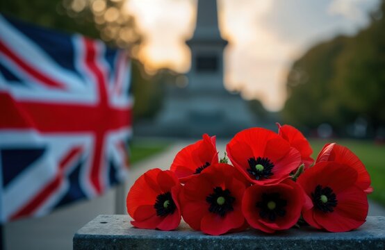 Red poppies laid gently on stone surface at dusk near monument, British flag. Symbolic tribute for Remembrance Day. Beautiful floral arrangement, calm environment. Dusk lighting creates somber,