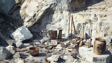 Depiction of ancient metallurgy tools bronze age relics unearthed in a historical quarry