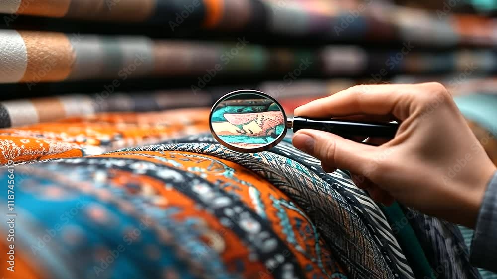 Poster in a high-end fabric store, a consultant uses a handheld magnifier to show intricate embroidery on a