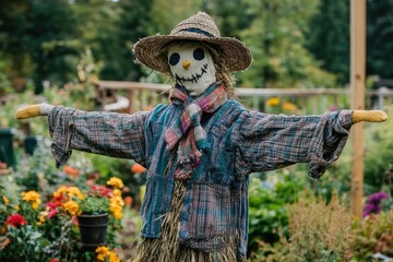 Obraz premium A person wearing a straw hat and scarf stands in a garden, possibly engaged in gardening activities