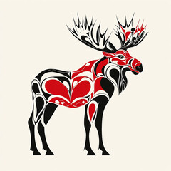 Traditional Inuit Haida folk art of a stylized moose in textured black, white and red for logo or tattoo. Pacific Northwest Haida art.