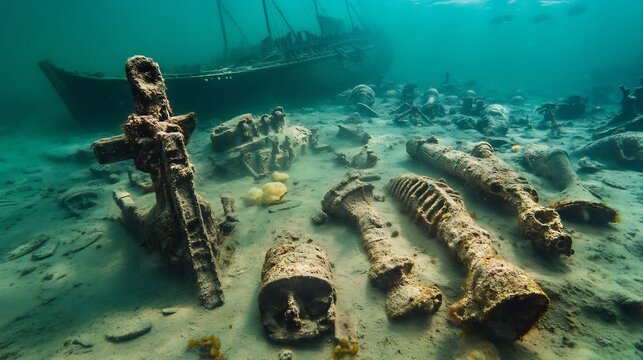 Creative representation of underwater archaeology featuring shipwrecks ancient maritime trade relics