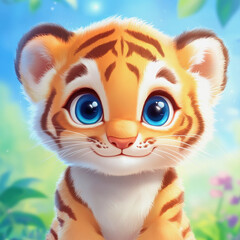 Cute cartoon tiger icon with big eyes in a colorful forest setting during the day