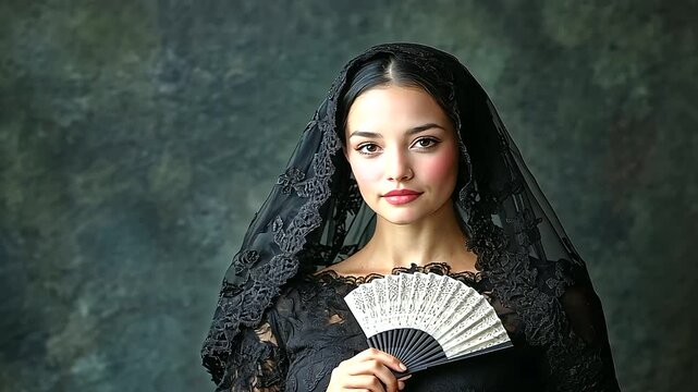 Studio portrait of a Spanish woman in a black mantilla and lace dress, holding a fan delicately, her expression exuding cultural sophistication.