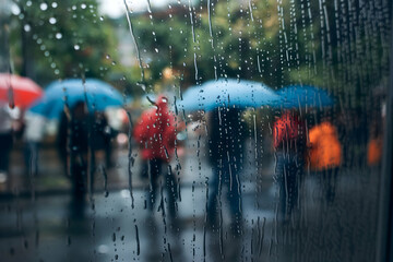 Rain droplets cling to window, blurring figures outside, creating a reflective mood