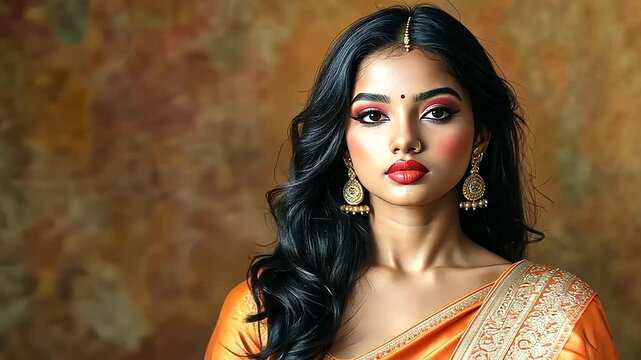 Studio portrait of an Indian woman dressed in an exquisite saree with golden zari work, adorned with bangles, earrings, and a maang tikka, radiating grace.