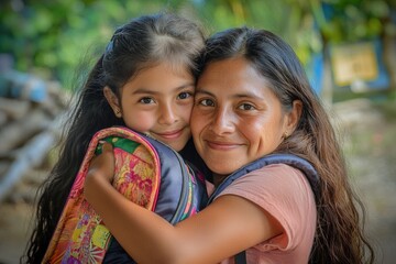Naklejka premium A mother and her daughter share a tender moment, embracing each other tightly