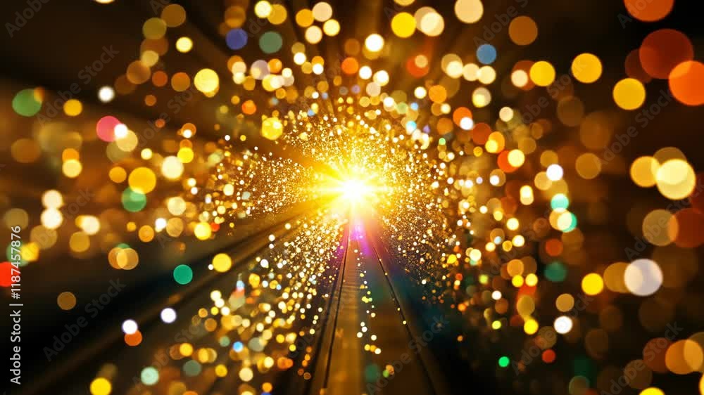 Poster Bright golden light bursts through a tunnel of colorful bokeh at night in an abstract display of energy and motion