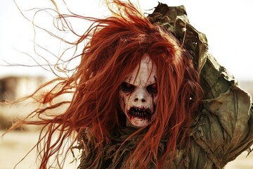 A person with striking red hair and an eerie facial appearance, suitable for use in horror or suspense themes