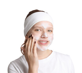 Teenage girl washing her face with cleanser on white background. Cosmetic product