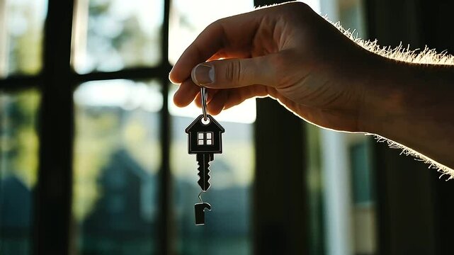 The excitement of moving is captured with a hand holding keys featuring a house-shaped charm, with the blurred background showing sunlight streaming onto a front porch.