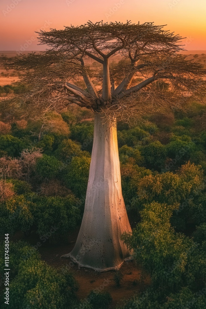 Poster a majestic baobab tree stands alone in a vast open field, surrounded by nature