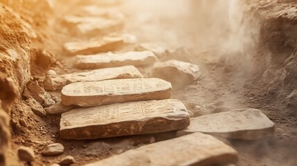 Closeup of clay tablets ancient writing systems preserved in a dusty excavation trench