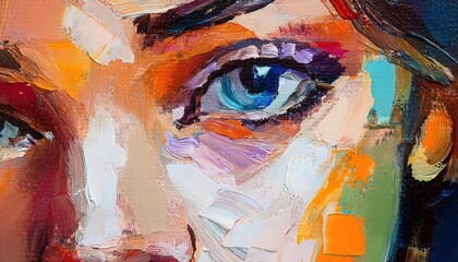 Vibrant Abstract Portrait of a Young Woman, Exploring Textured Oil or Acrylic Paint on Canvas, Showcasing Rich Colors and Expressive Brushstrokes in an Abstract Setting