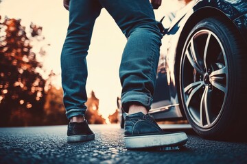 Obraz premium A person stands beside a vehicle on a highway