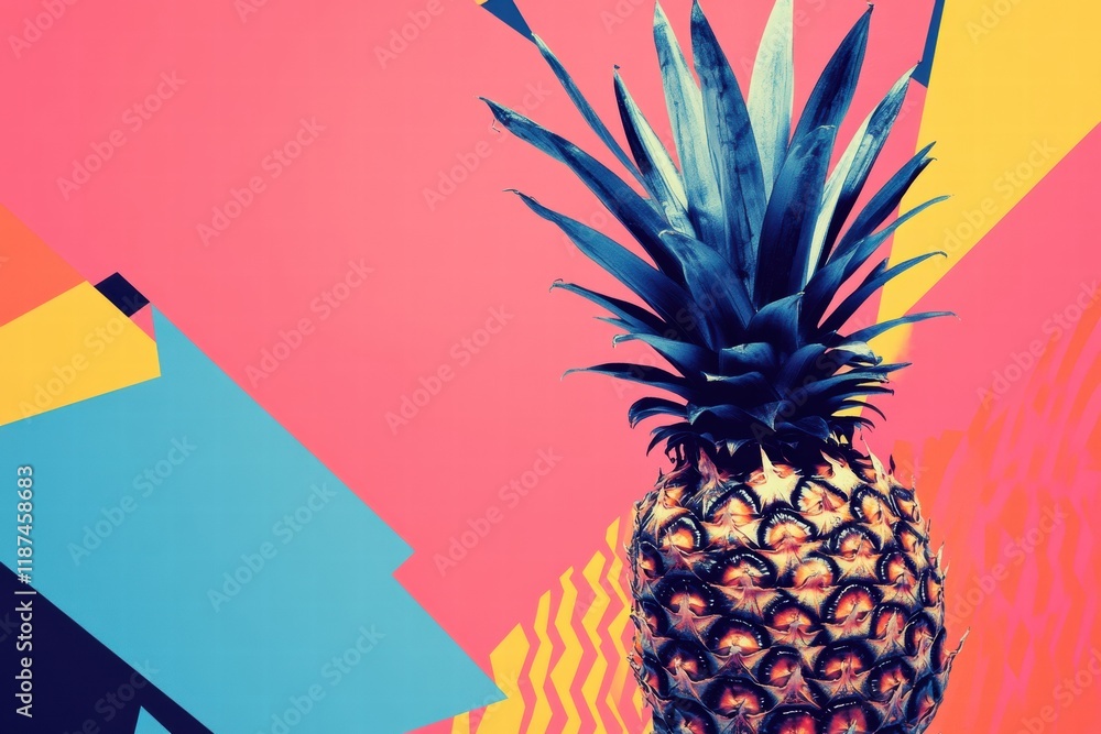 Fototapete Vibrant abstract geometric design featuring a colorful pineapple on a bright background with angular shapes and patterns. Generative AI