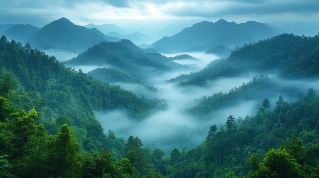 view landscape mountain and forest nation park with mist or fog at viewpoint of doi kiew lom scenic point in pang ma pha hill valley village city while pm 2 5 dust situation at mae hong son thailand