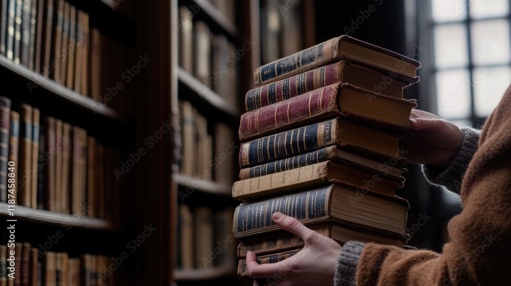 Poster a person holds a stack of books in a quiet library setting, ideal for educational or literary uses