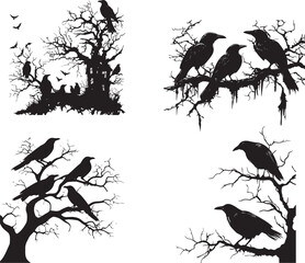 Obraz premium Birds on a Tree Branch Silhouettes Set