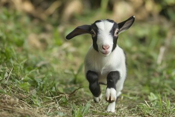 Obraz premium A baby goat runs freely in a lush green grassy field, perfect for nature and agriculture related concepts