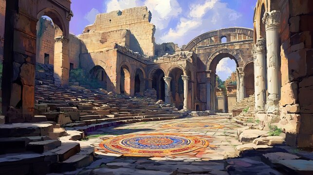 Ruins of amphitheaters decorative mosaics still visible on stone floors reflecting the grandeur and artistry of ancient entertainment venues