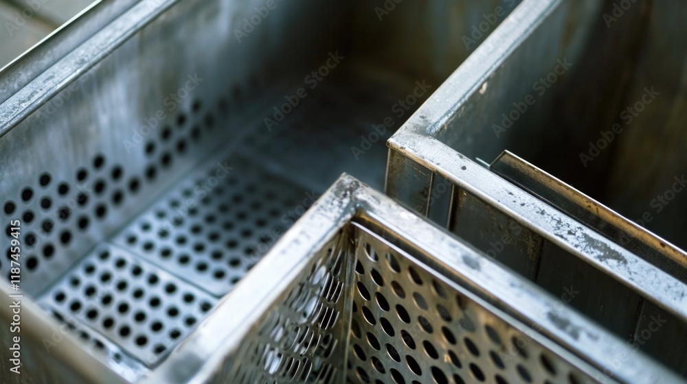 Poster a close-up view of a metal container with multiple holes, suitable for various uses such as industri