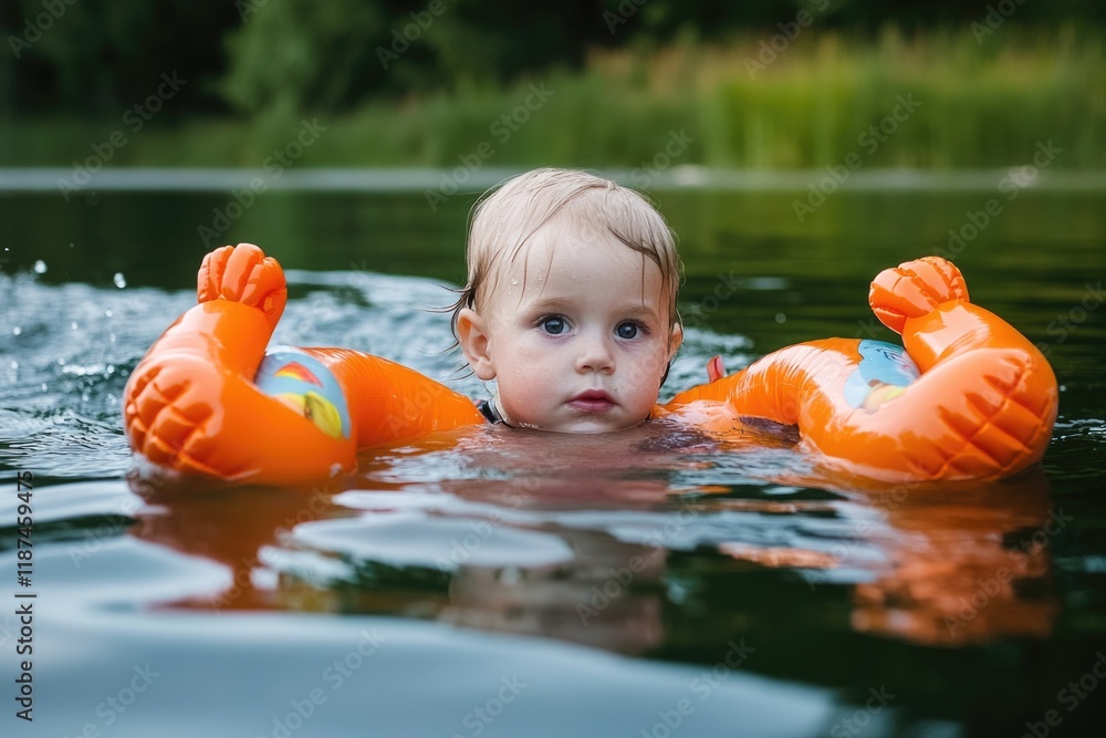 Poster a young child playing and swimming in a calm lake with an inflatable float for support