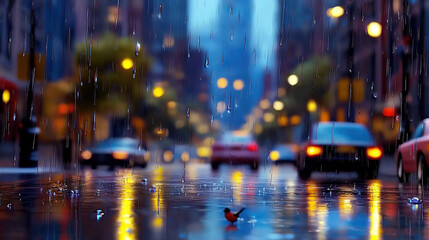 Fototapeta premium A bustling city street surrounded by towering structures, traffic signals, and rain-drenched pavement
