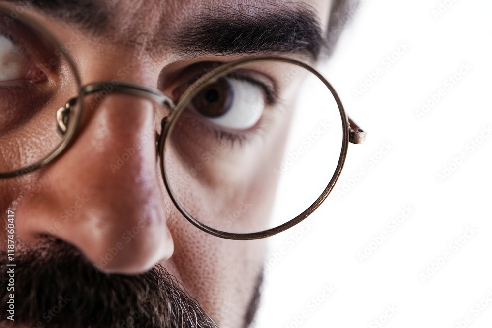 Poster a close-up shot of a person with glasses and a mustache, ideal for use in portraits or illustrations