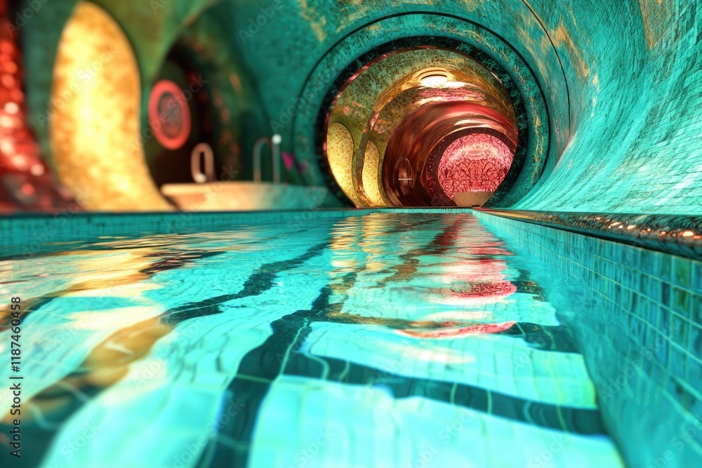 Poster a serene pool with a central water feature, perfect for relaxing or exercising