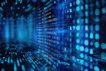 Abstract neon blue cyber binary flowing background