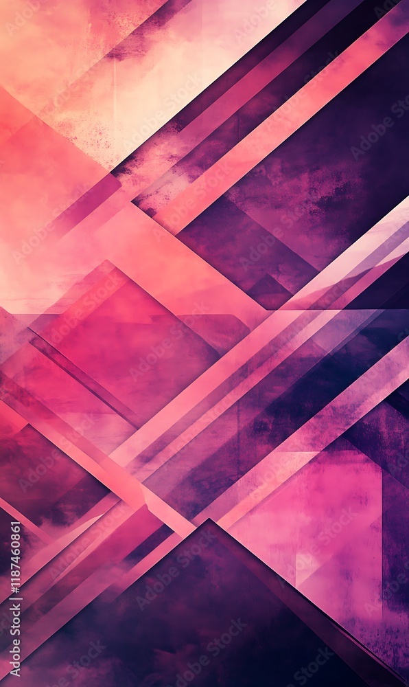 Poster a soft pink and purple gradient background with diagonal lines and geometric shapes overlapping in a
