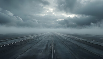 Desolate Airport Runway Enveloped In Misty Atmosphere Background

