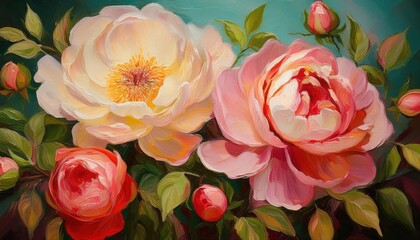 Vibrant Cluster of PeonyShaped Roses Oil Painting A Bouquet of Rich Hues and Textures Evoking the Graceful Allure of Peonies in Full Bloom, Set Against a Subtle Backdrop