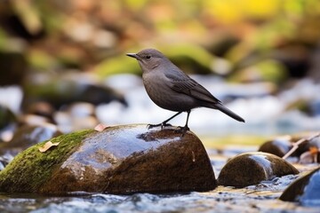 Obraz premium American Dipper Bird Wading in Colorado Mountain Stream, Nature's Black Songbird of River and Water