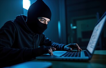 Masked person working on laptop in dark room. Cybercriminal stealing data, personal info. Privacy breach in progress. Dark, dangerous tech crime scene. Person focuses on laptop screen. Criminal