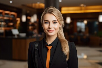 Fototapeta premium Attractive Caucasian Female Hotel Receptionist in Business Administration At Workplace for Accommodation Booking